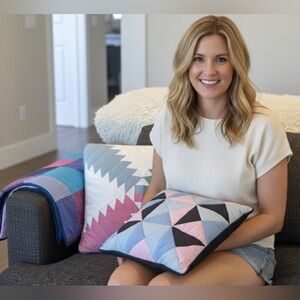 Lot of 3 VINTAGE Hand Made Quilt 51”x71”, 14.5x14.5” Pillow & 19”x19” Pillow